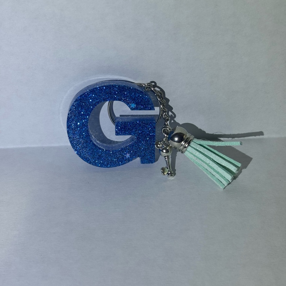 Blue Glitter Initial Keychain with Tassel